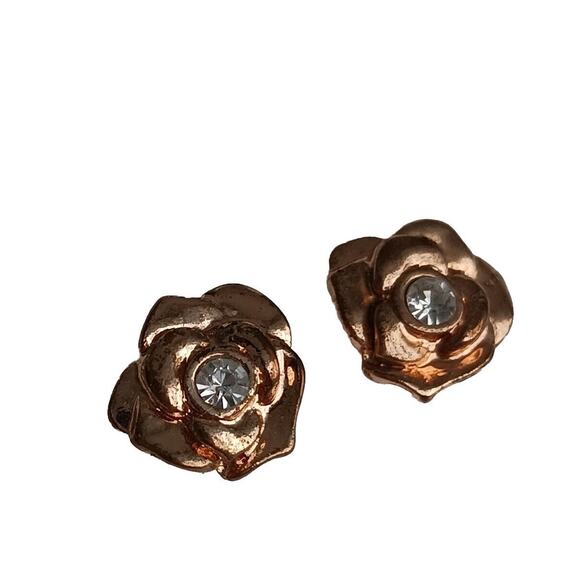 Rose Gold French Camelia Stud Earring Flower Simulated Diamond Pierced Fairygoth - Picture 2 of 7